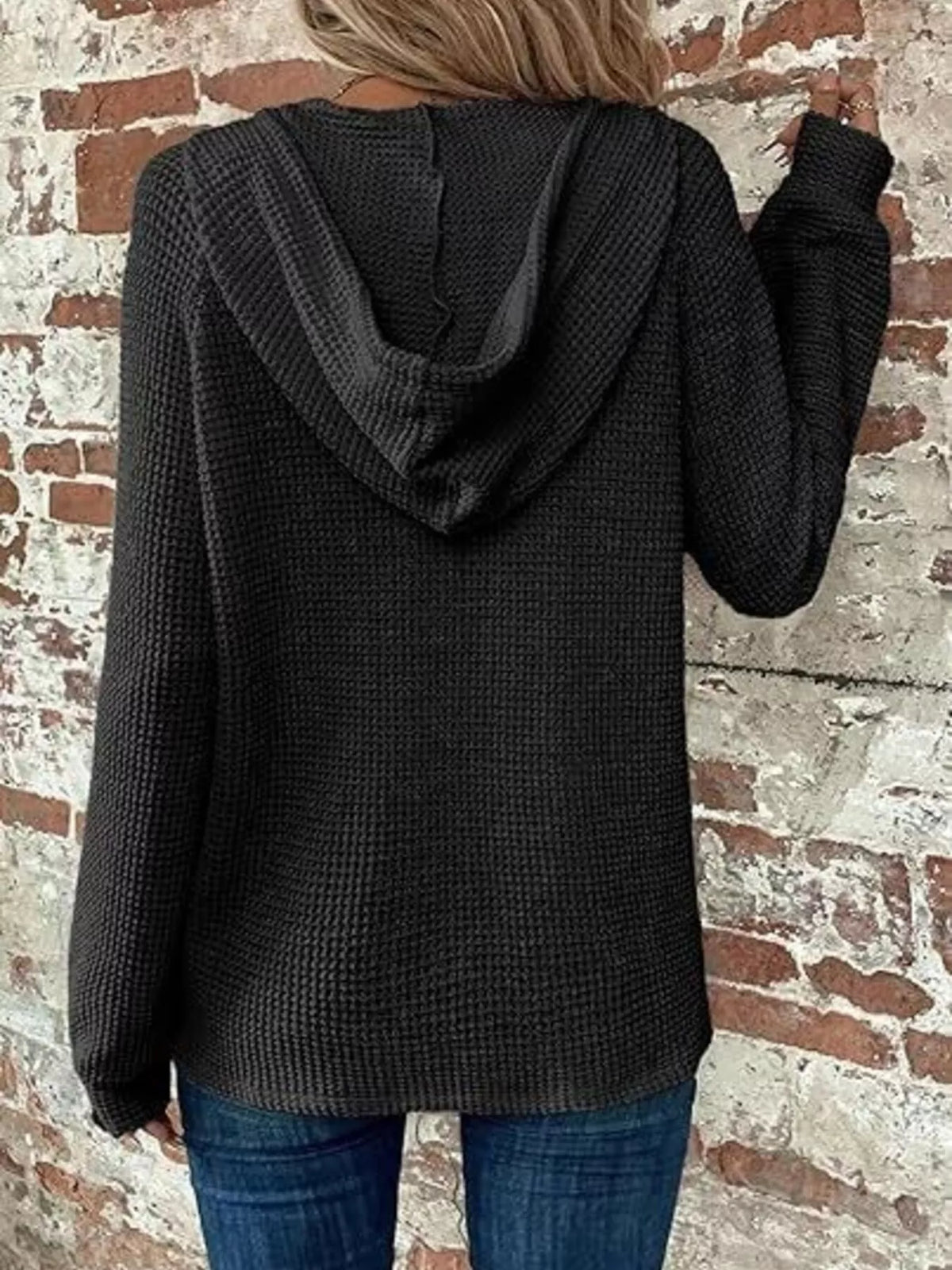 Full Size Waffle Knit Half-Button Hoodie Plus Size - Black - View 4