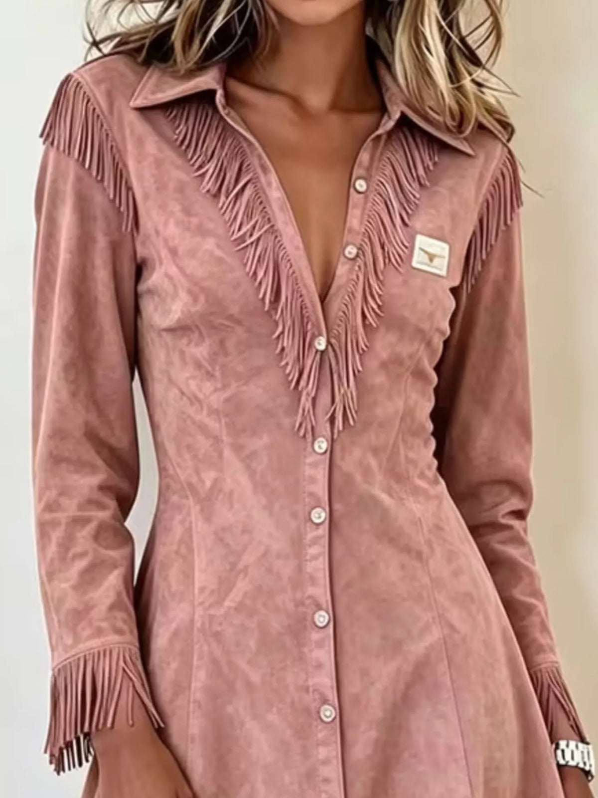 Full Size Fringed Button-Down Outerwear Plus Size - Dusty Pink - View 2