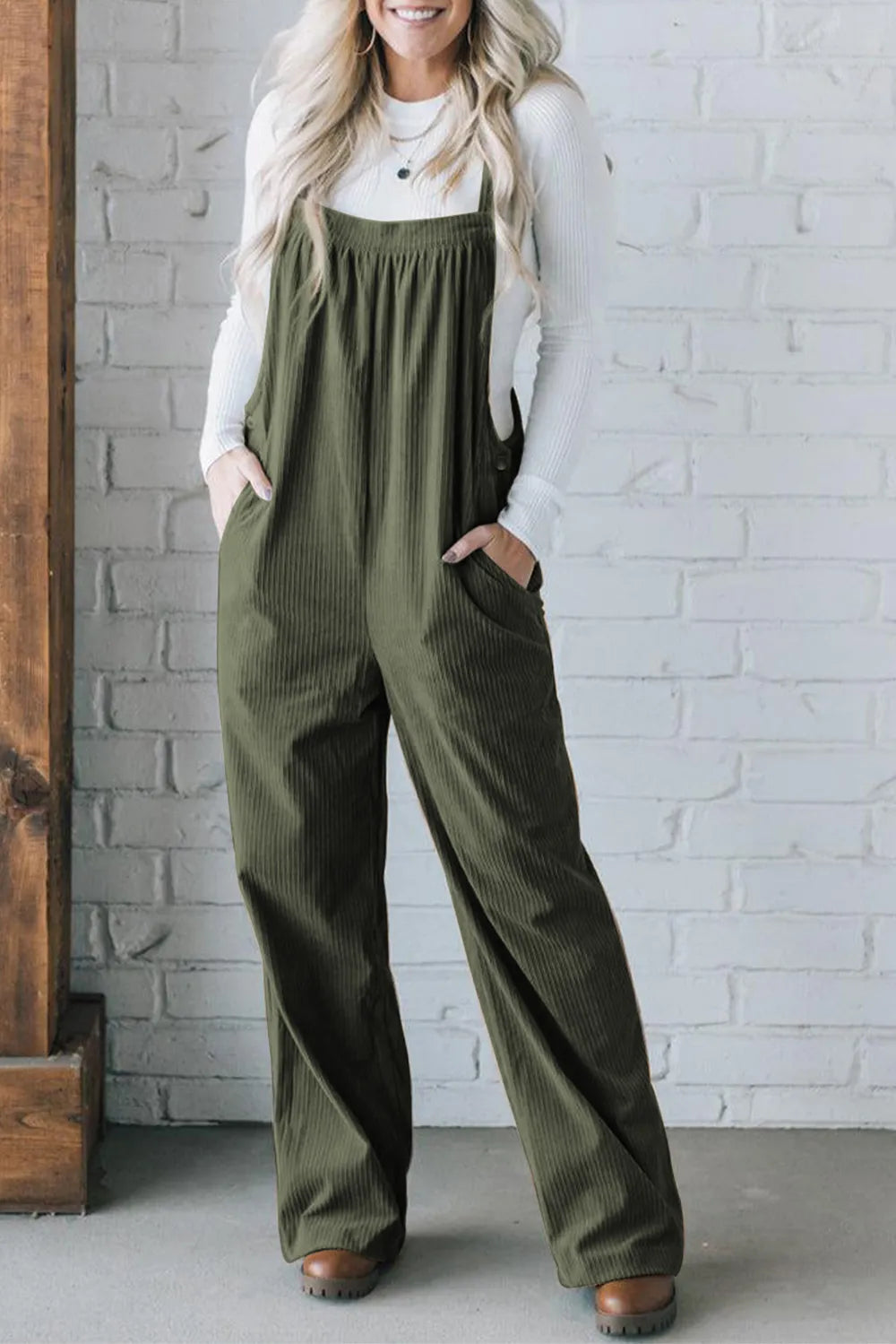 Square Neck Wide Strap Overalls - Army Green - View 9