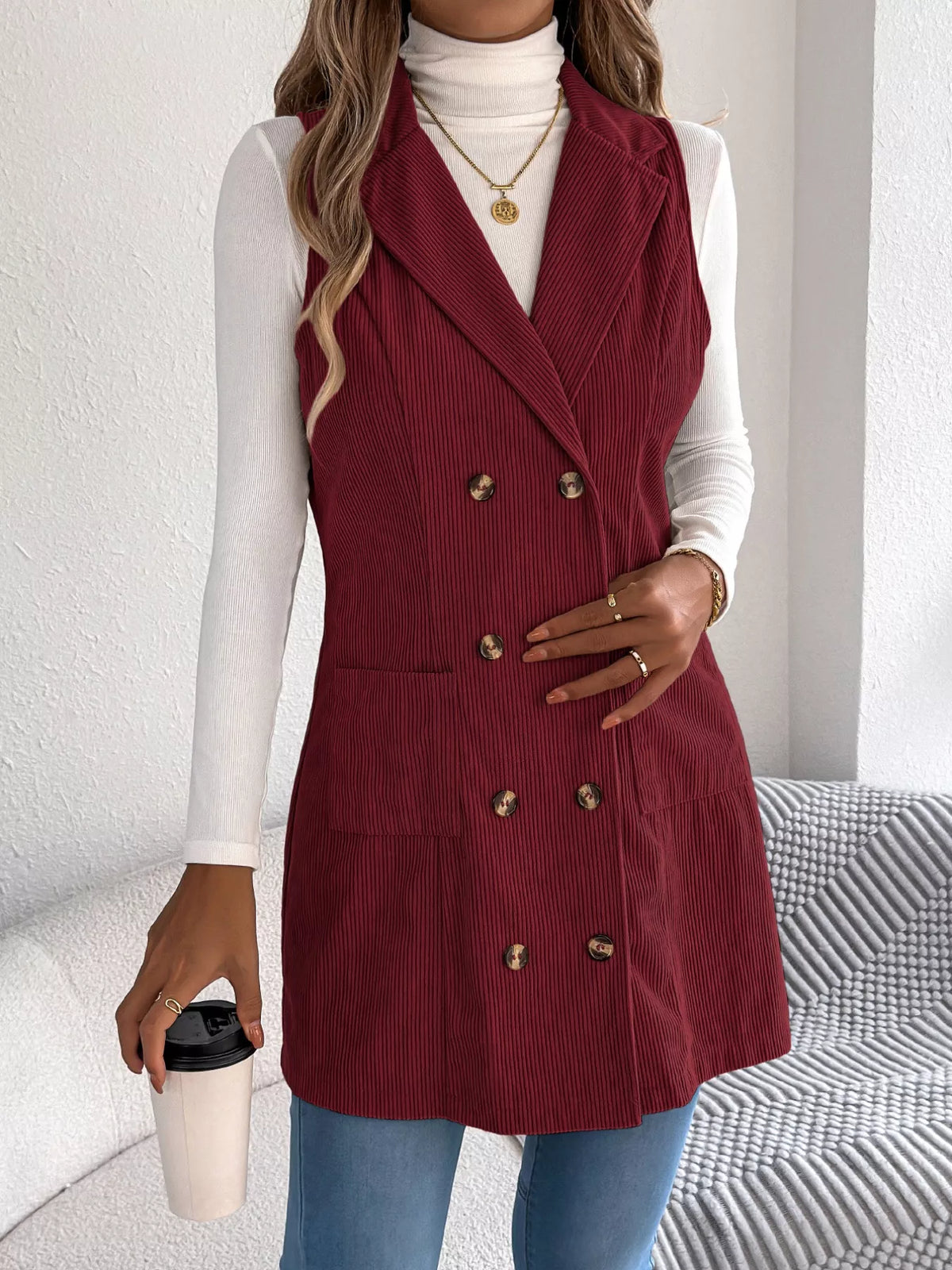 Double-Breasted Long Vest Coat - Burgundy - View 7