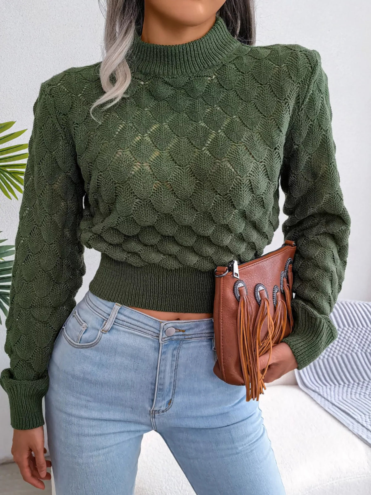 Mock Neck Textured Cropped Sweater - Dark Green - View 2