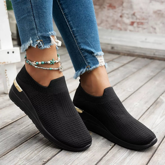 Mesh Round Toe Wedge Athletic Sneakers - Black - View 1