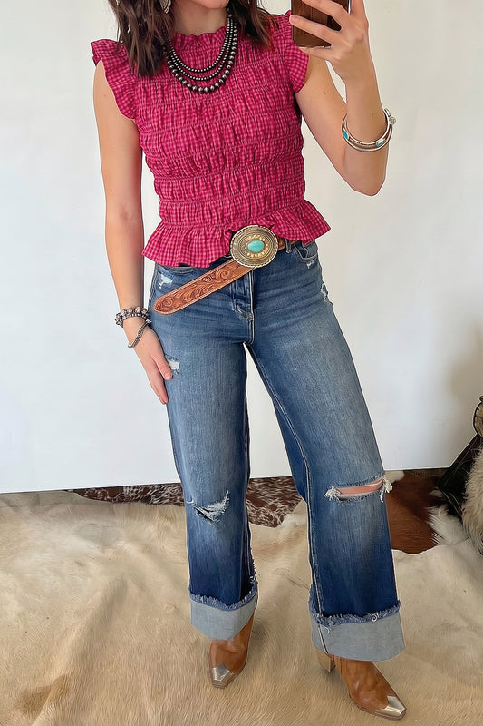 Red Plaid Shirred Ruffle Trim Tank Top - Red - 2