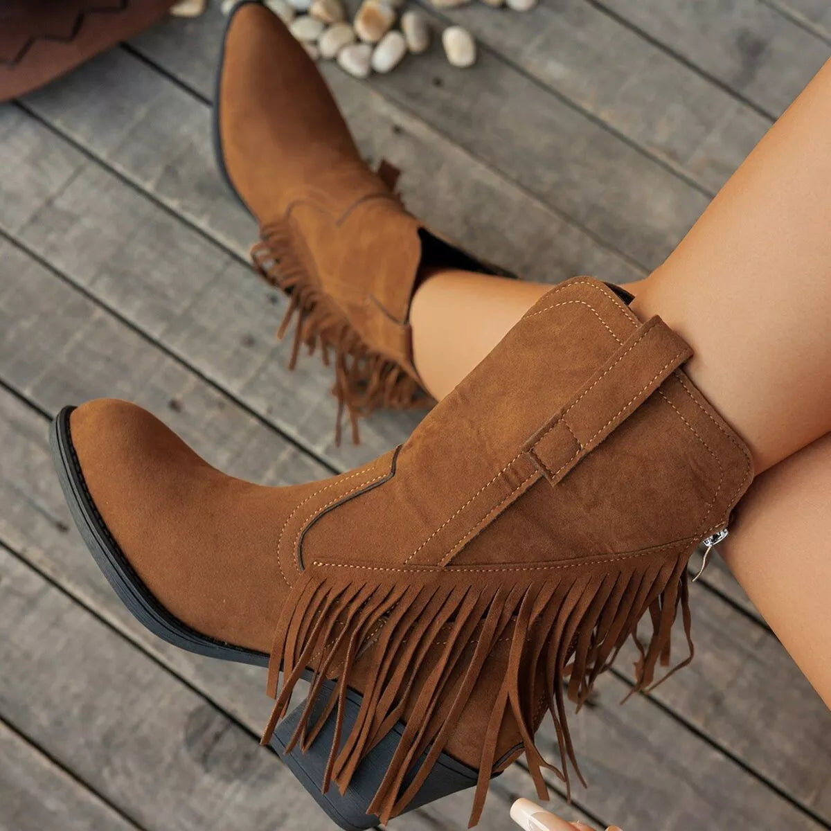 Fringe Block Heel Ankle Boots - Brown - View 3
