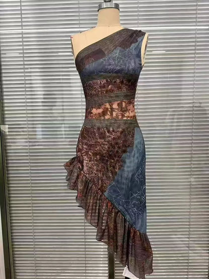One-Shoulder Ruffled Hem Maxi Dress - Floral - View 4