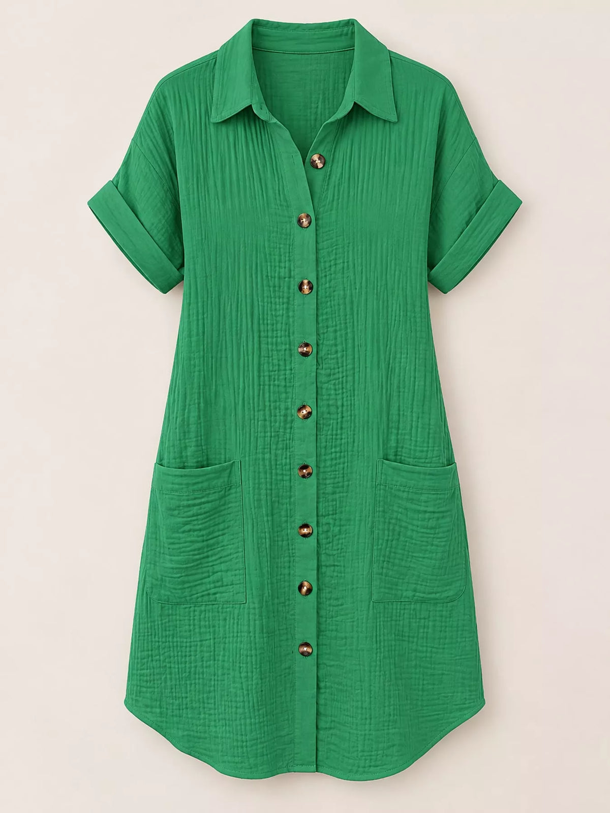 Full Size Button-Down Textured Shirt Dress with Pockets Plus Size - Dark Green - View 18