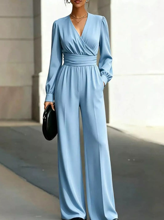 Surplice Long Sleeve Wide-Leg Jumpsuit - Light Blue - View 1