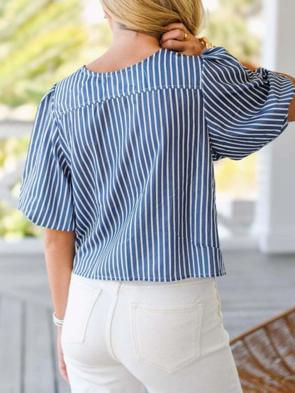 Tie Front Puff Sleeve Striped Blouse - Blue Stripe - View 3