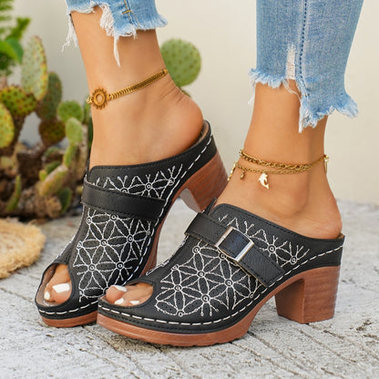 Buckle Decor Block Heel Sandals - Black - View 2