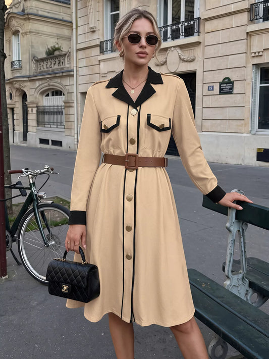 Contrast Lapel Button Front Midi Shirt Dress - Khaki - View 2