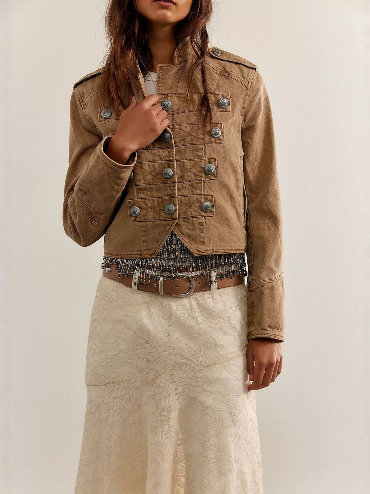 Decorative Button Cropped Jacket - Khaki Color - View 2