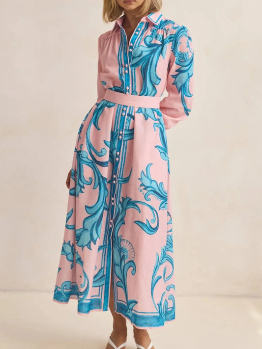 Printed Button Down Belted Shirt Dress - product photo 2