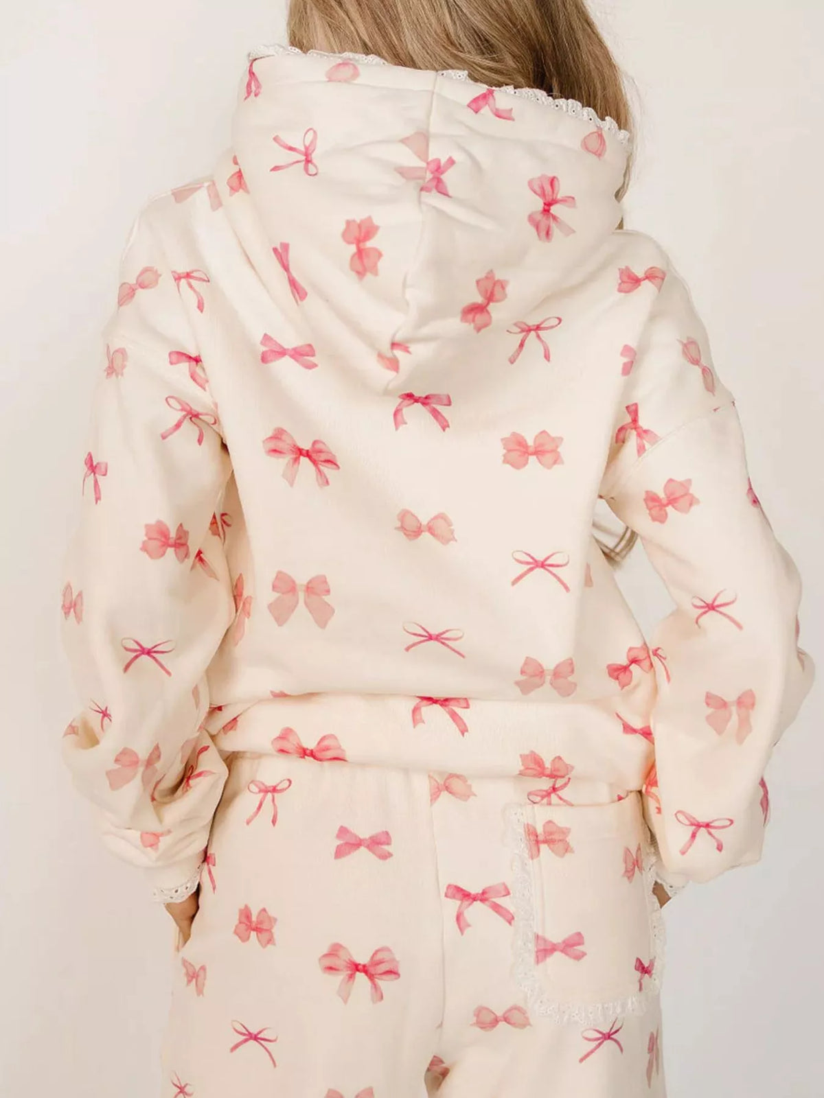 Lace Trim Kangaroo Pocket Hoodie - Bow - View 4