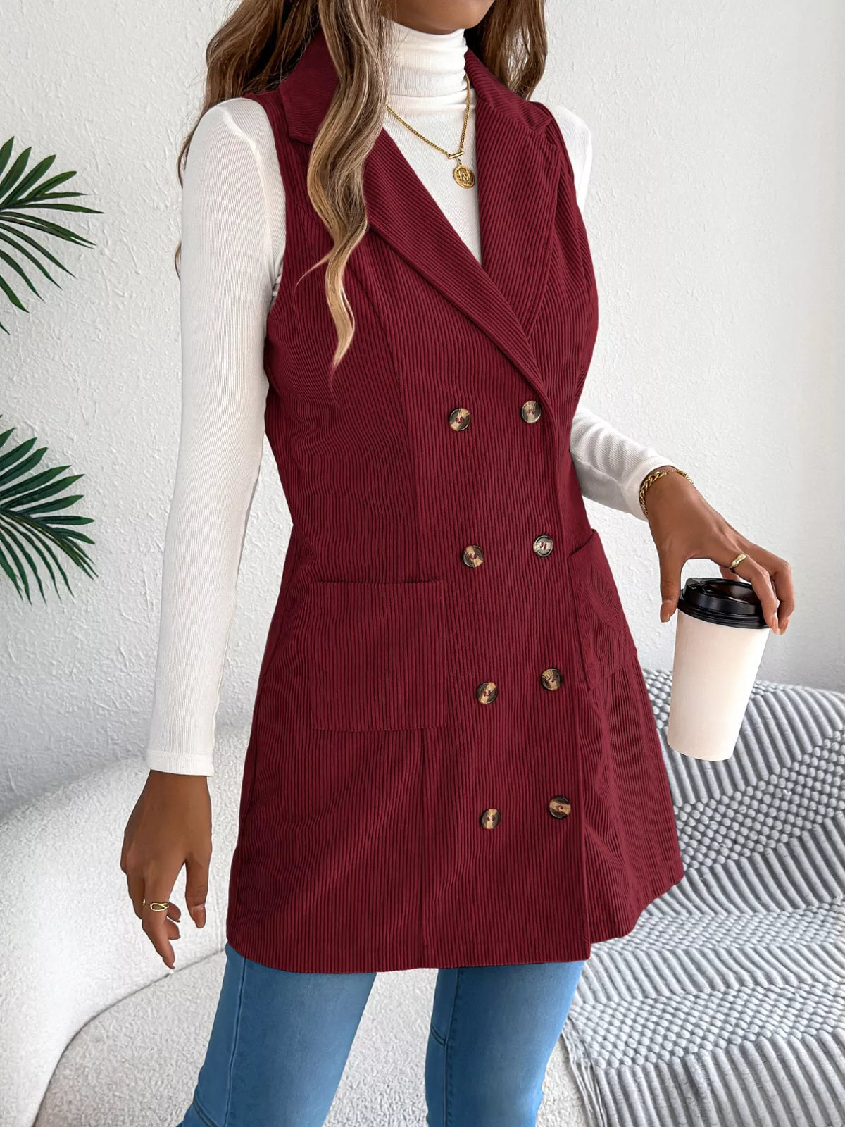 Double-Breasted Long Vest Coat - Burgundy - View 8