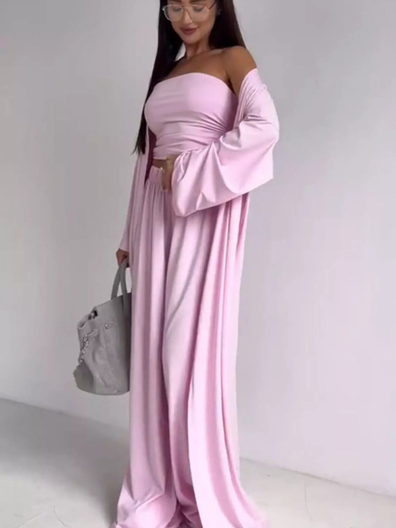Tube Top & Cardigan & Wide Leg Pants 3-Piece Set - Blush Pink - Styled Side Front View