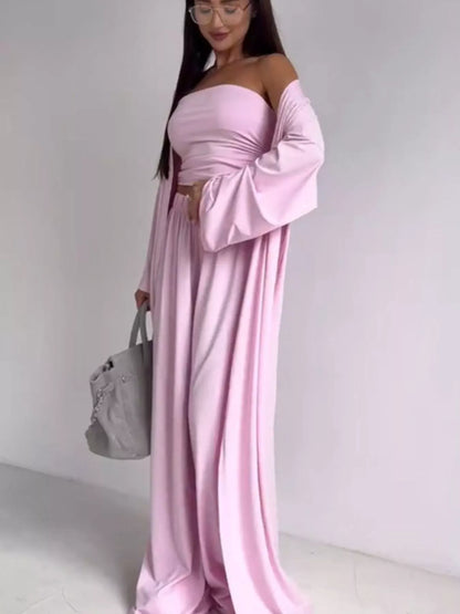 Tube Top & Cardigan & Wide Leg Pants 3-Piece Set - Blush Pink - Styled Side Front View