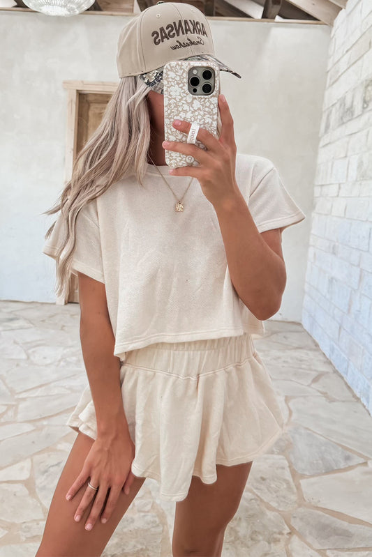 Beige 2pcs Cropped Tee and Ruffle High Waist Skort Set - Beige - 2
