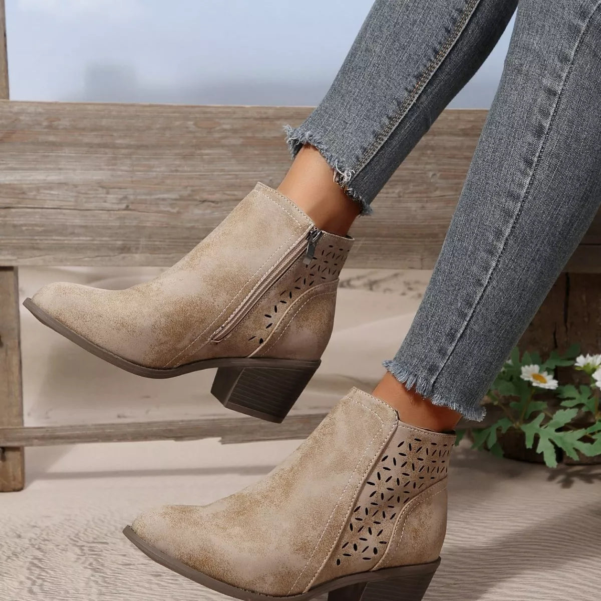 Point Toe Block Heels Boots - Beige - View 8