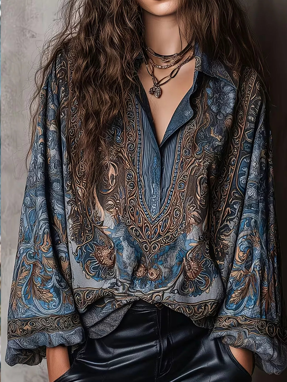 Full Size Vintage Print Long Sleeve Oversized Blouse Plus Size - Navy - View 1