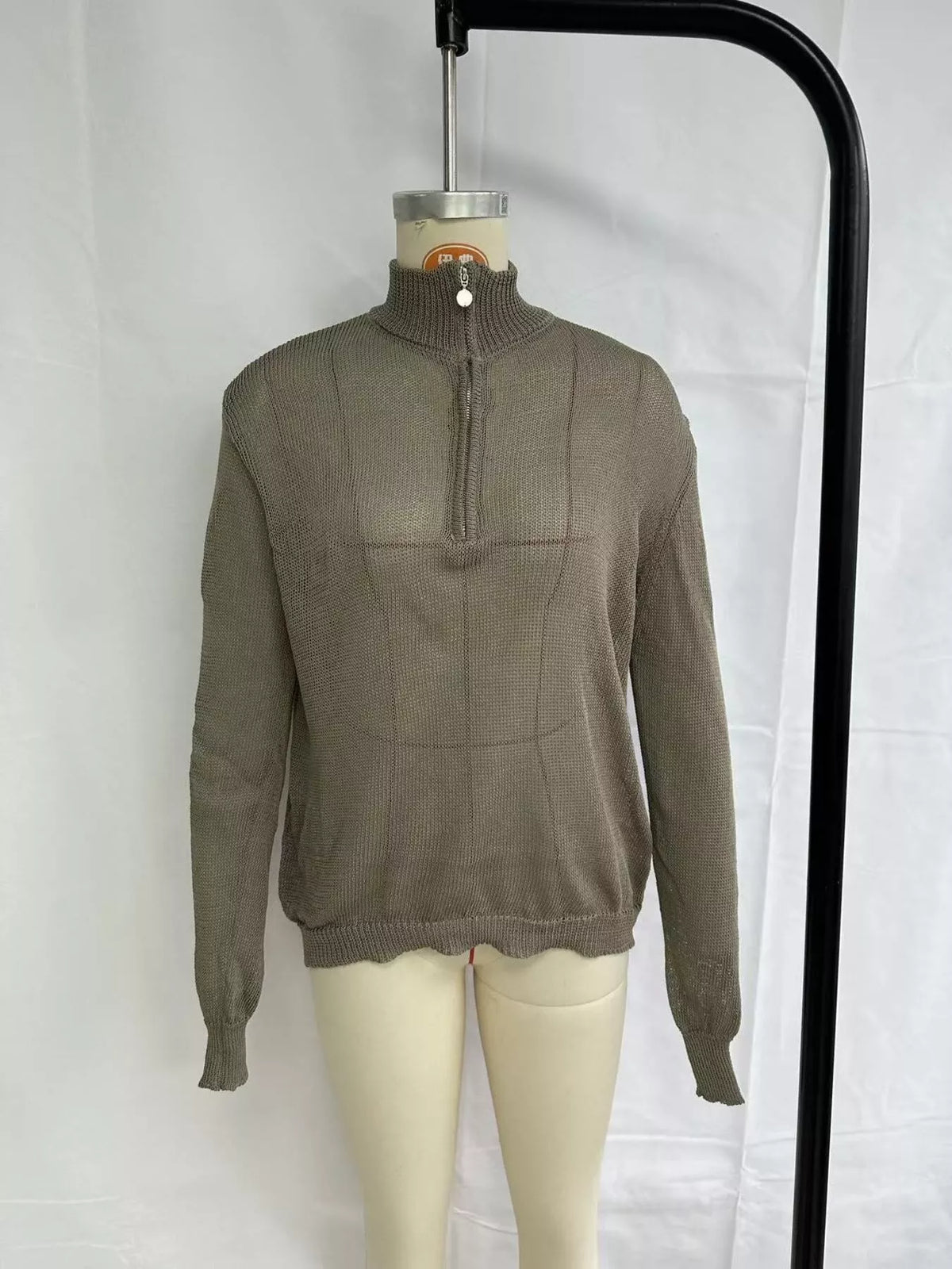Half-Zip Dropped Shoulder Sweater - Coffee Brown - View 2