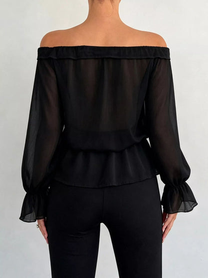 Off-Shoulder Flounce Sleeve Chiffon Blouse - Black - View 5