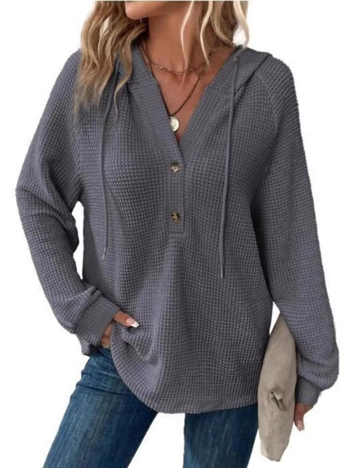 Full Size Waffle Knit Half-Button Hoodie Plus Size - Dark Gray - View 6