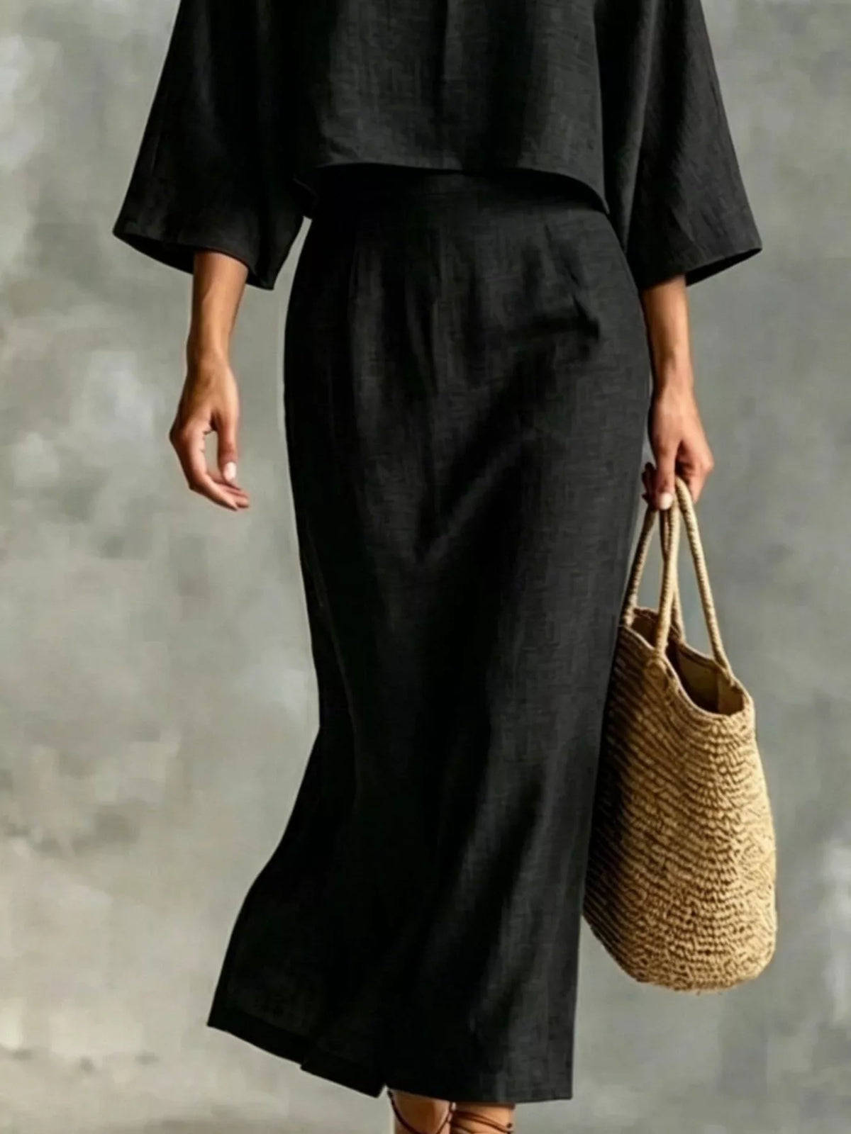 Full Size Solid Color Cropped Top and Midi Skirt Set Plus Size - Black - View 3