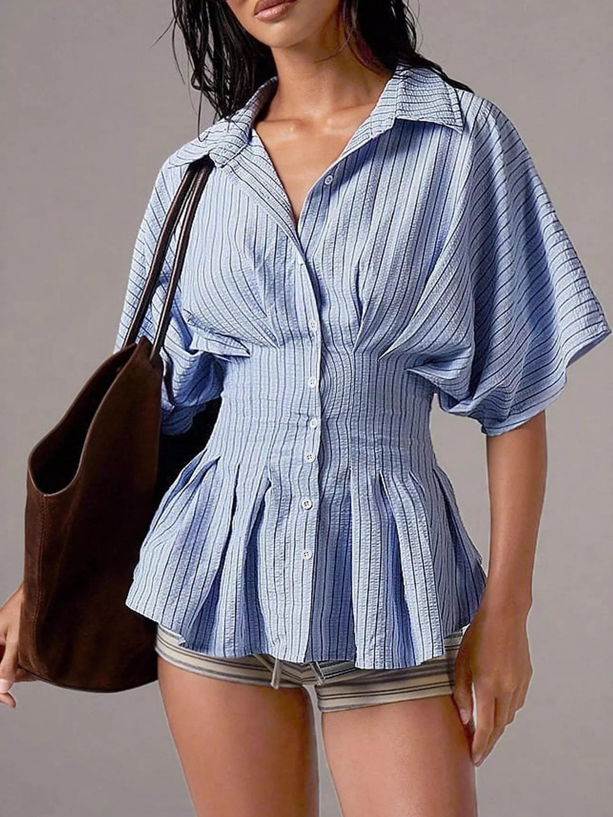 Striped Cinched Waist Shirt - Sky Blue - View 9
