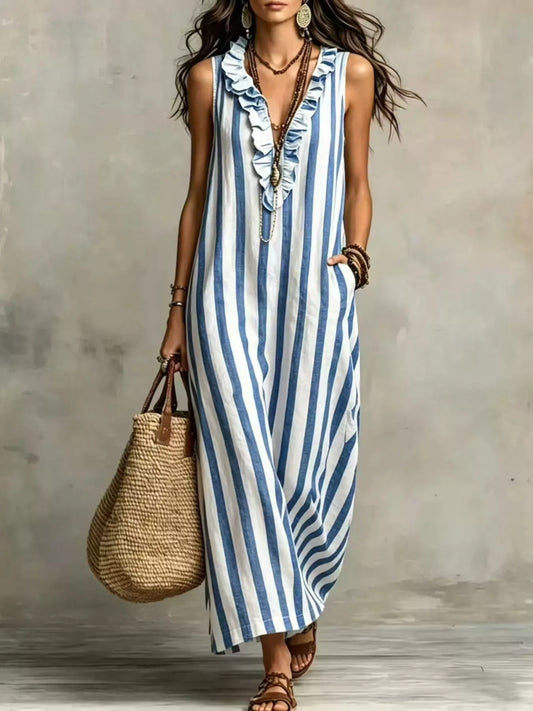 Full Size Sleeveless Striped Ruffle V-Neck Maxi Dress Plus Size - Blue - View 1