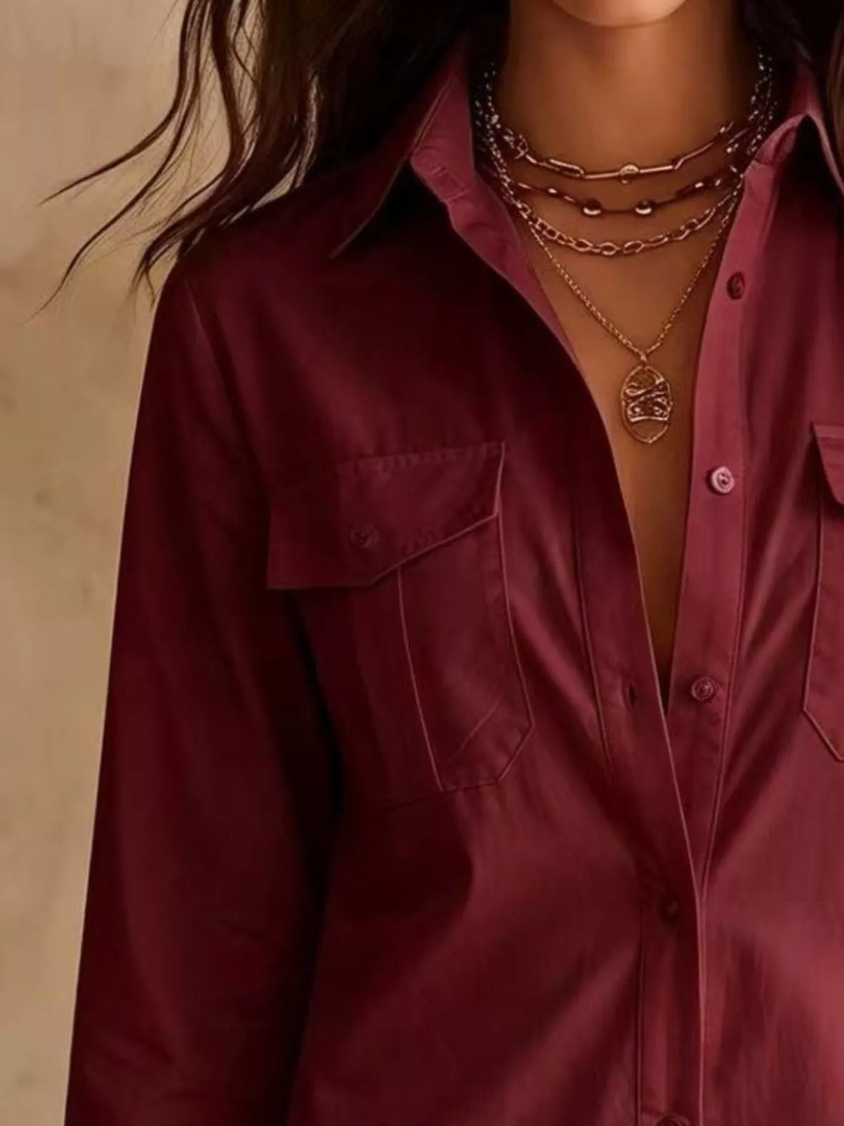 Button-Down Shirt Dress with Lace Trim - Burgundy - View 2