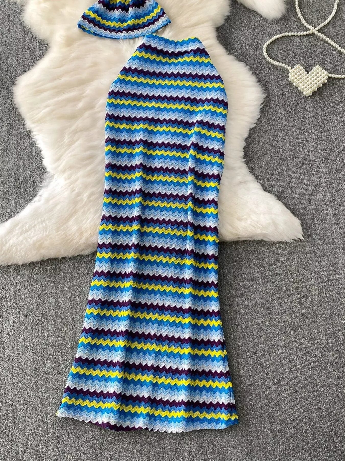 Striped Knitted Halter Top and Maxi Skirt Set - Cerulean - Maxi Skirt Flat Lay View