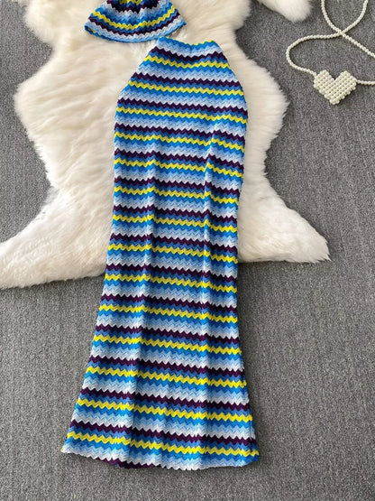 Striped Knitted Halter Top and Maxi Skirt Set - Cerulean - Maxi Skirt Flat Lay View