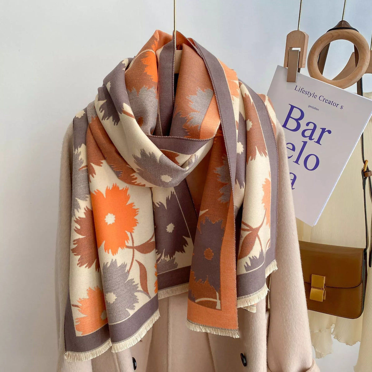 Floral Print Warm Winter Scarf - Sherbet - View 1