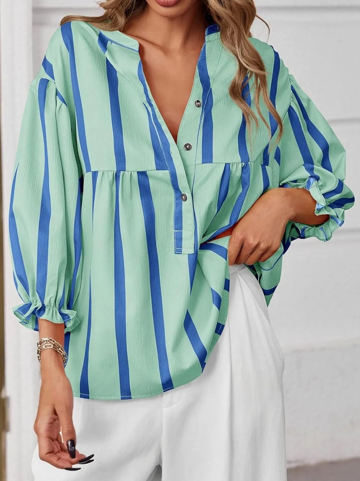 Striped Button Front Notched Blouse - Light Green - View 2