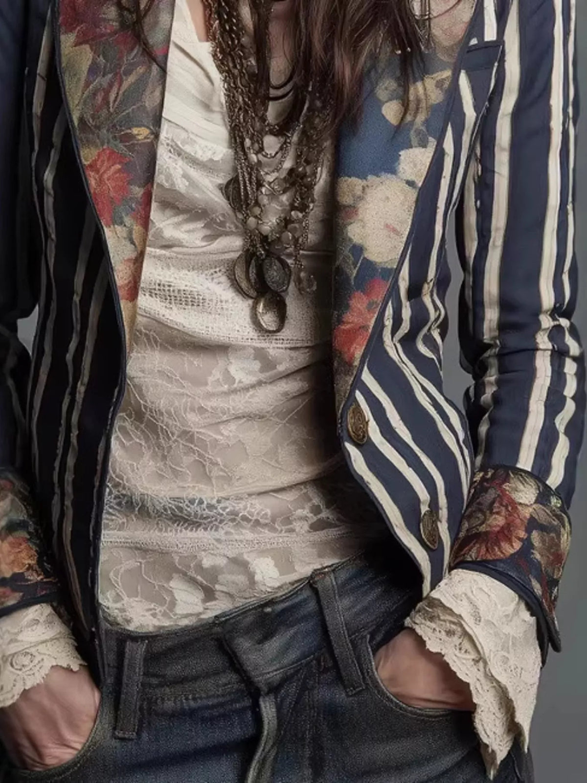 Striped Floral Contrast Slim Fit Blazer - Blue - View 5