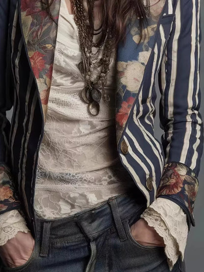 Striped Floral Contrast Slim Fit Blazer - Blue - View 5