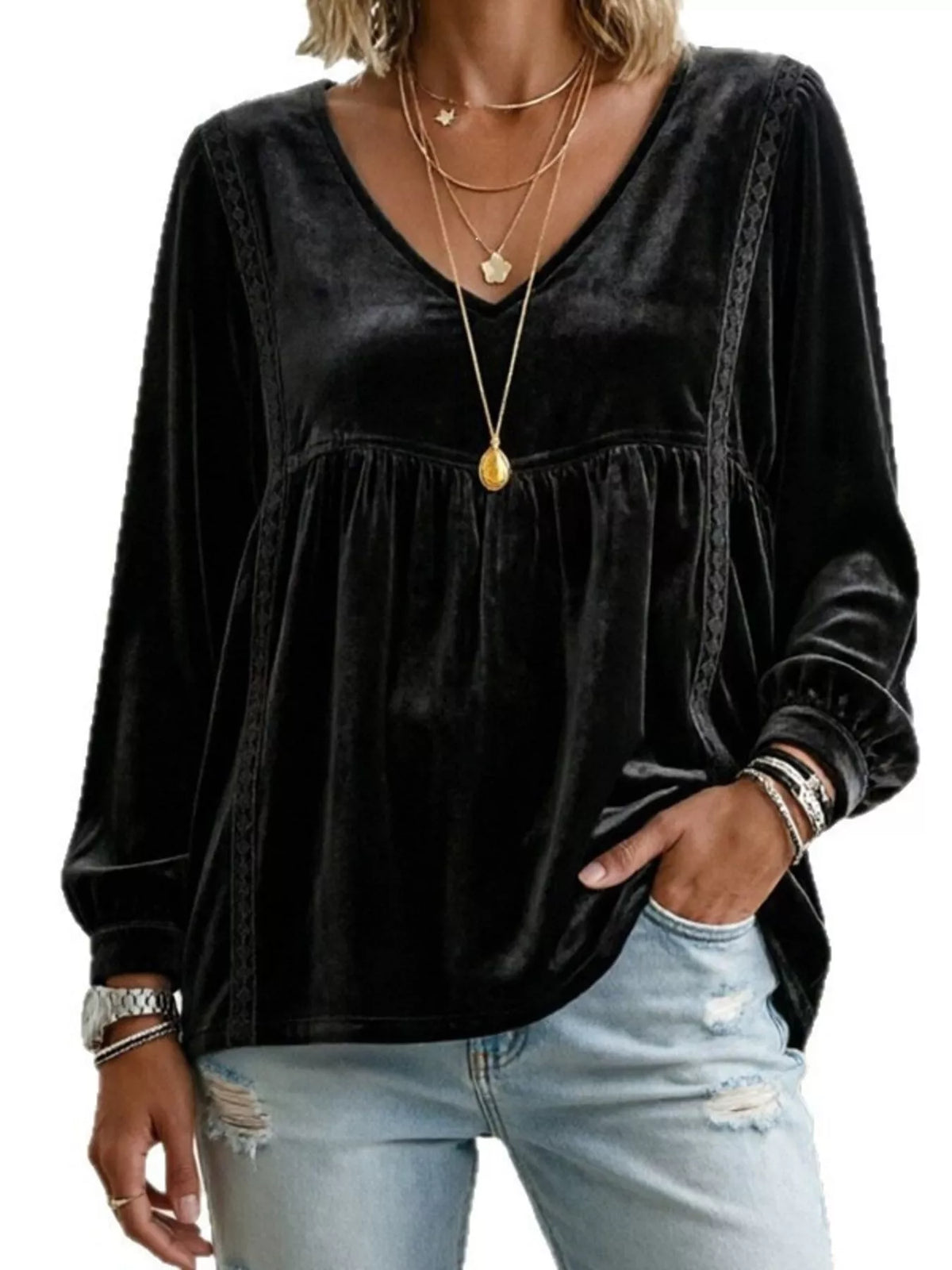 Full Size V-Neck Long Sleeve Velvet Blouse with Lace Trim Plus Size - Black - View 1