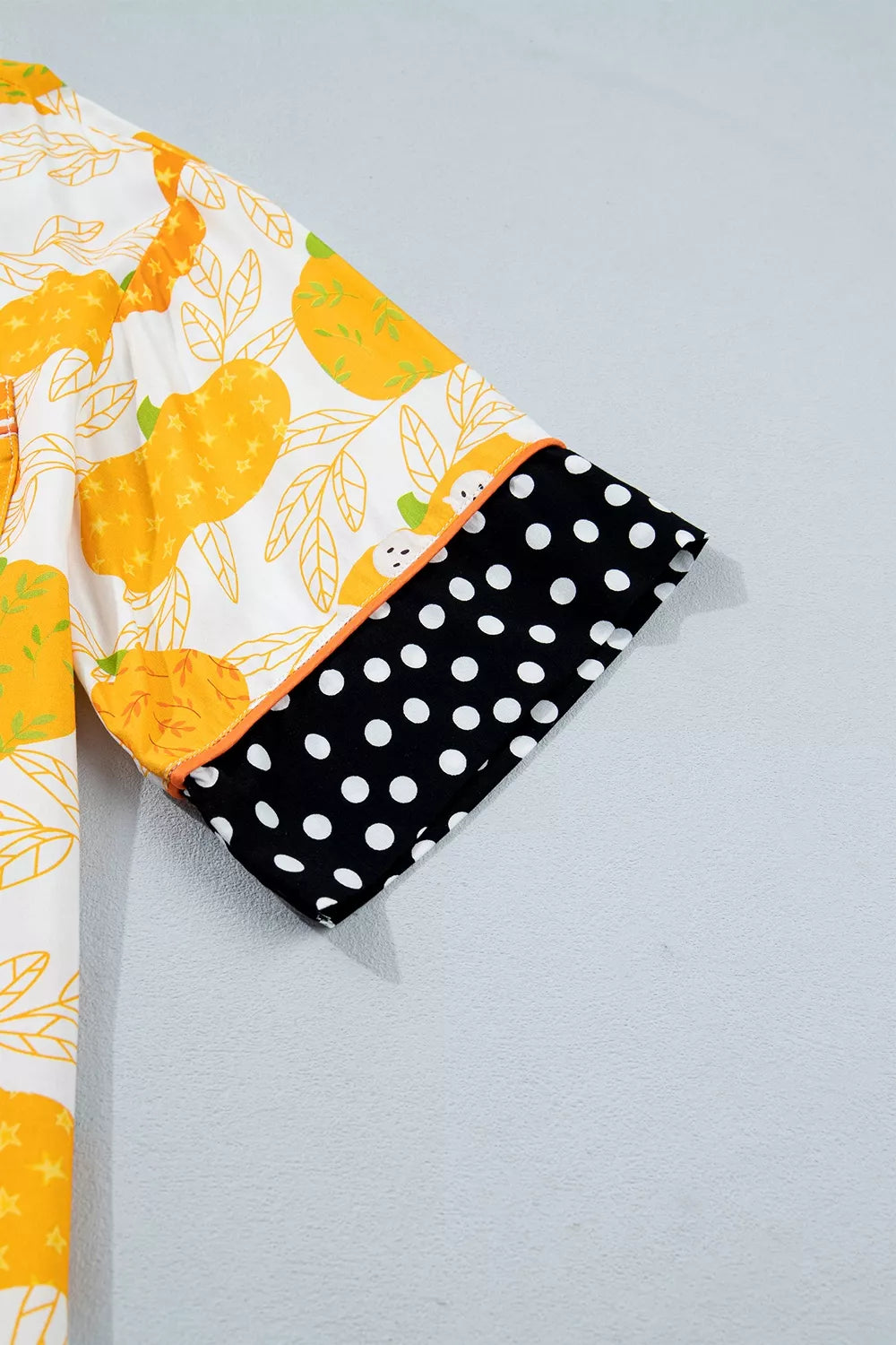 Short Sleeve Pumpkin Print Polka Dot Trim Pocket Placket Lounge Set - Sherbet - View 11