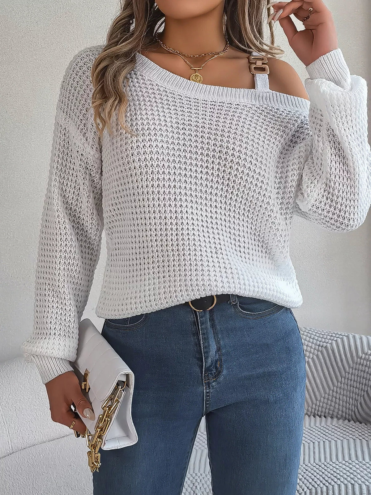 Asymmetrical Neck Long Sleeve Sweater - White - View 5