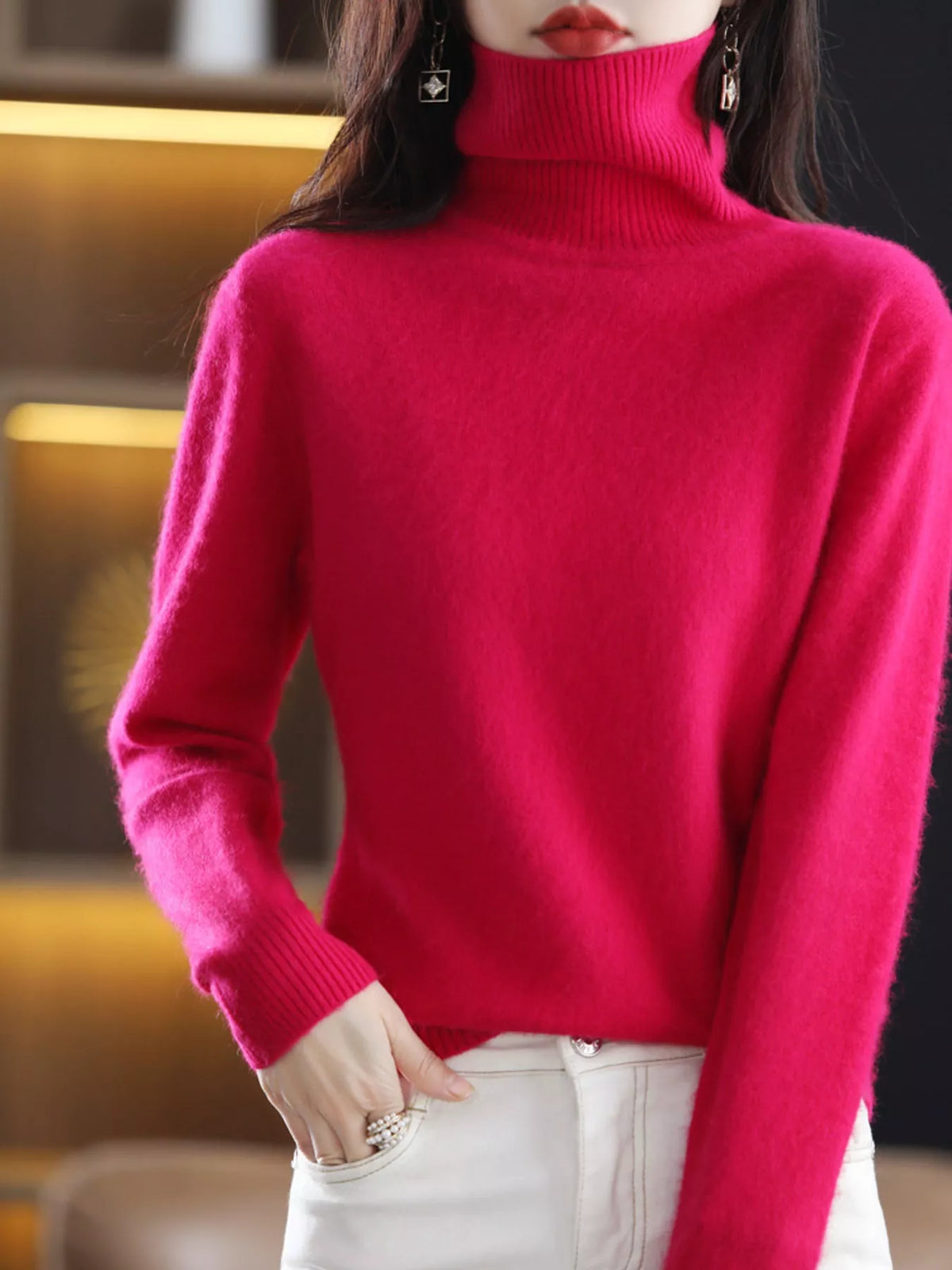 Full Size Turtleneck Long Sleeve Sweater Plus Size - Rose Red - View 41