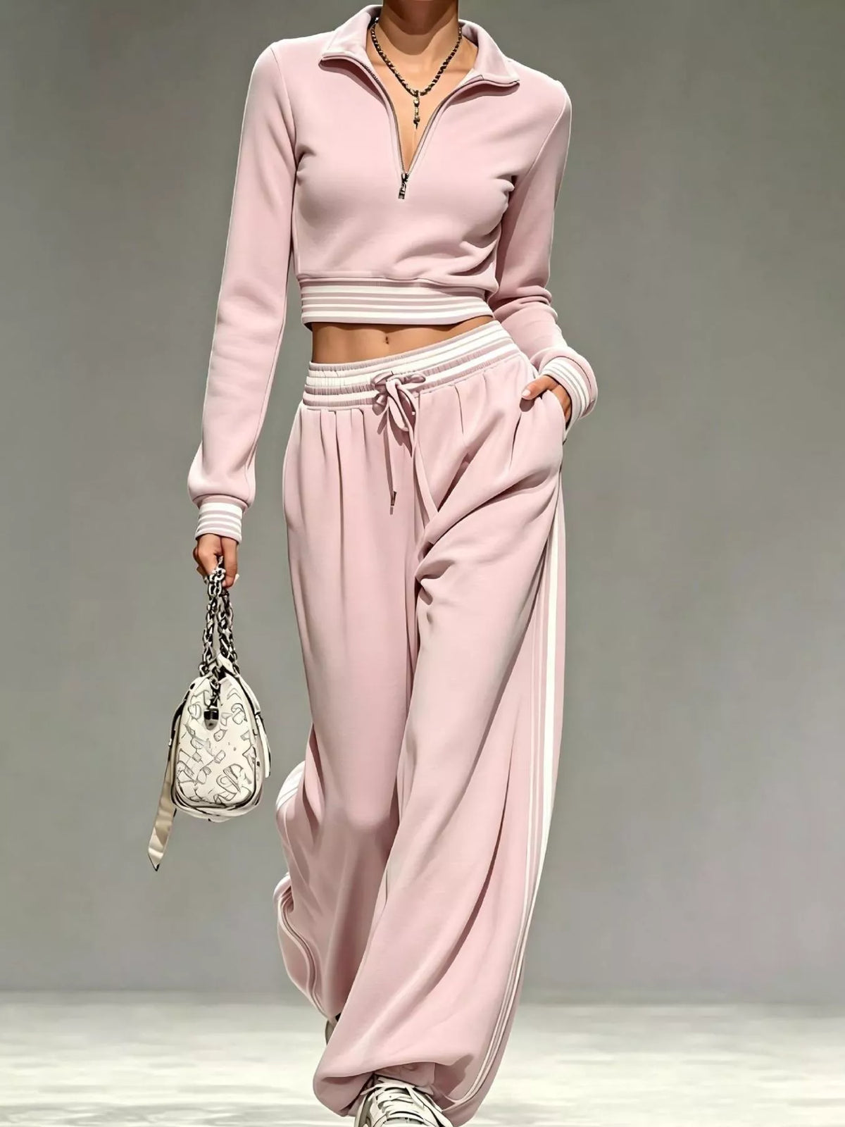 Full Size Half Zip Cropped Top and Pants Set Plus Size - Light Blue - View 4