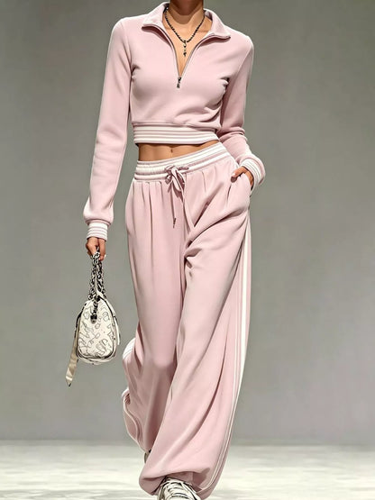 Full Size Half Zip Cropped Top and Pants Set Plus Size - Light Blue - View 4