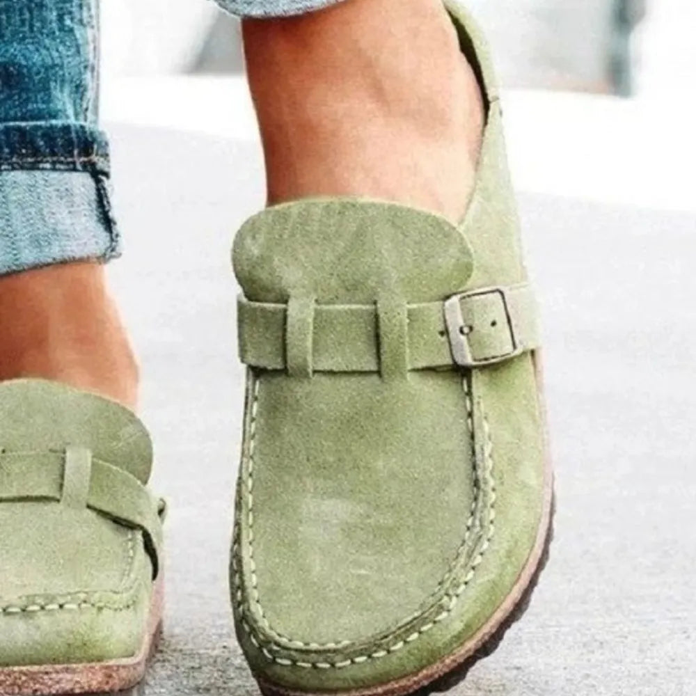 Round Toe Low Heel Buckle Loafers - Sage - View 9