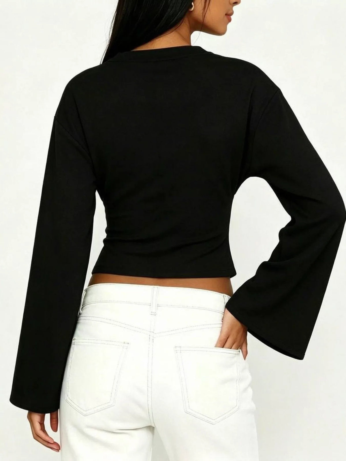 V-Neck Flare Sleeve Blouse - Black - View 4