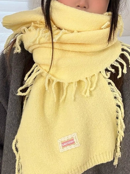 Knitted Fringe Scarf - Yellow - View 1