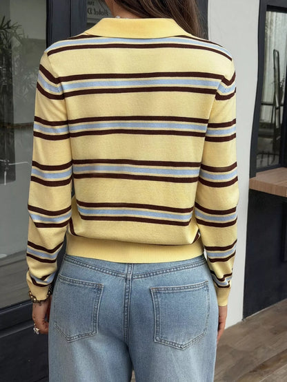 Striped Polo Collar Knit Top - Colorful Stripes - View 5
