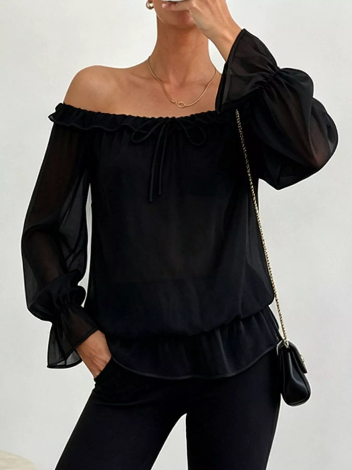 Off-Shoulder Flounce Sleeve Chiffon Blouse - Black - View 3