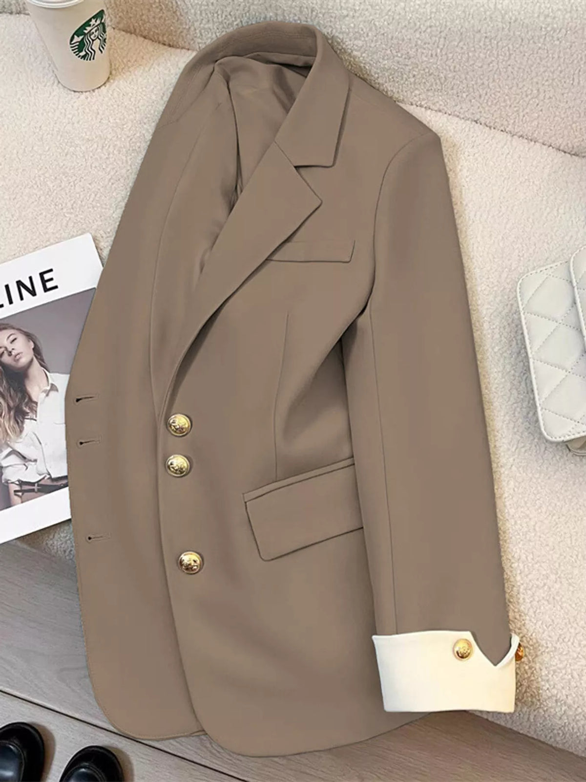 Full Size Single-Breasted Blazer with Gold Button Accents Plus Size - Khaki - View 11