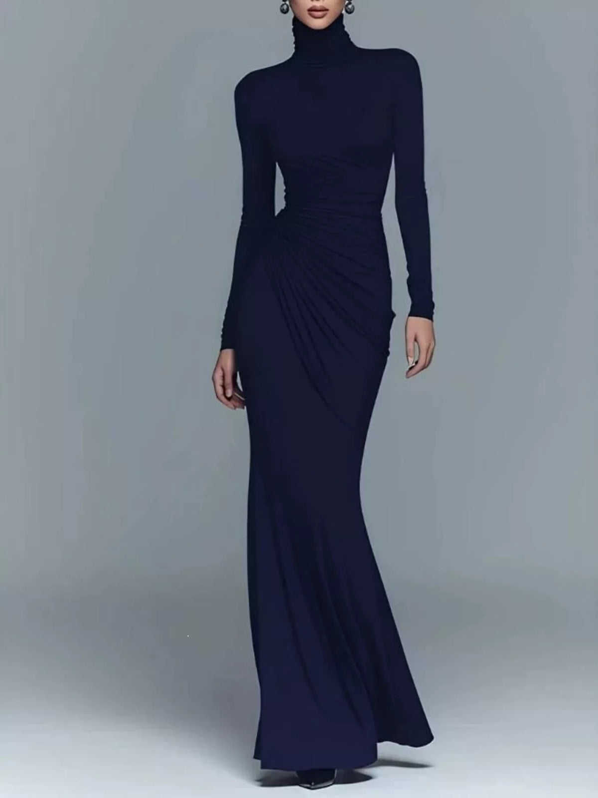 Turtleneck Long-Sleeve Ruched Maxi Dress - Dark Blue - View 2