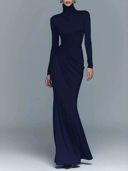 Turtleneck Long-Sleeve Ruched Maxi Dress - Dark Blue - View 2